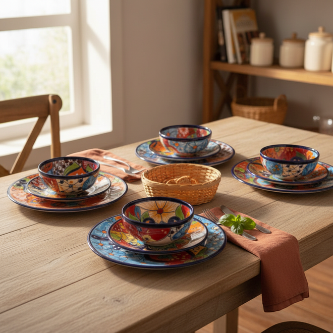 The Talavera Hub 12-piece handmade ceramic dinnerware set with vibrant floral and geometric patterns, cobalt blue rims, and lead-free glaze.