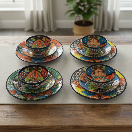 The Talavera Hub 20-piece handmade ceramic dinnerware set with vibrant floral patterns, includes plates and bowls.