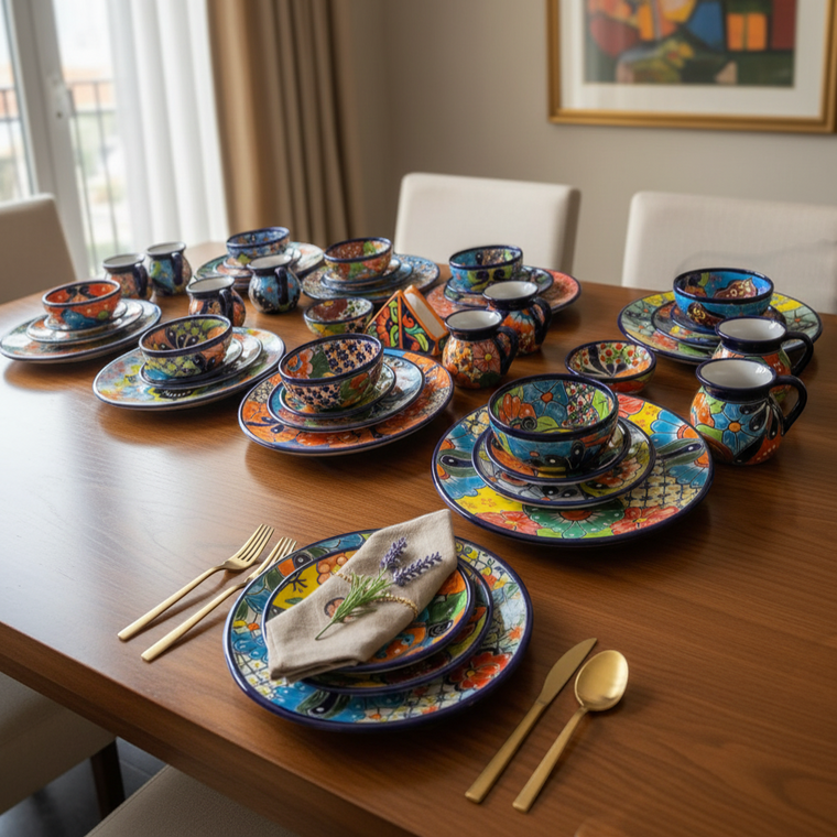 The Talavera Hub 51-piece Talavera dinnerware set with vibrant floral patterns and hand-painted details. Includes plates, bowls, mugs, and a napkin holder.