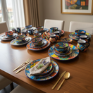 The Talavera Hub 51-piece Talavera dinnerware set with vibrant floral patterns and hand-painted details. Includes plates, bowls, mugs, and a napkin holder.