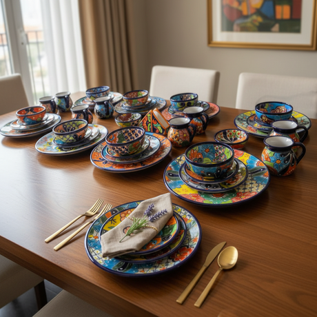 The Talavera Hub 51-piece Talavera dinnerware set with vibrant floral patterns and hand-painted details. Includes plates, bowls, mugs, and a napkin holder.