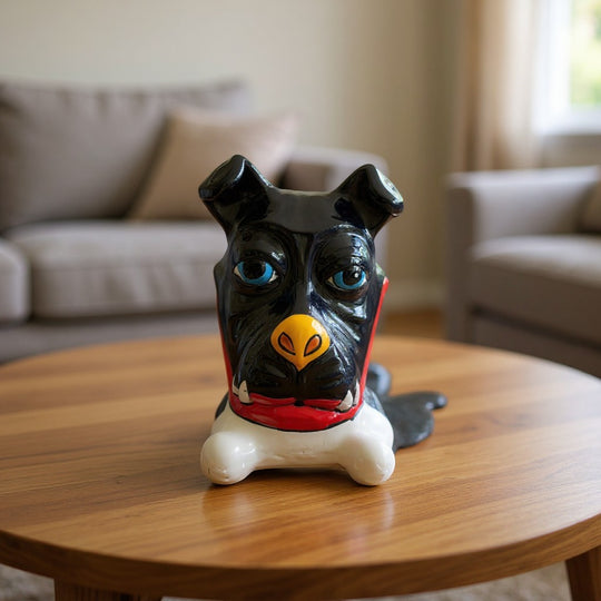 The Talavera Hub black ceramic dog decor with blue eyes, yellow nose, red collar, and bone. Hand-painted Mexican Talavera.