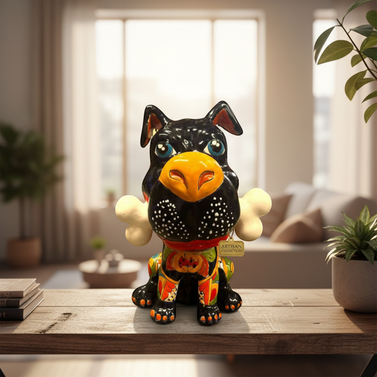 The Talavera Hub extra large black ceramic dog with bone, handpainted with vibrant colors and intricate patterns.