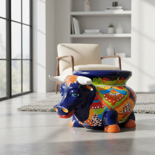 The Talavera Hub's vibrant blue ceramic bull planter with hand-painted floral designs in orange, green, and yellow.