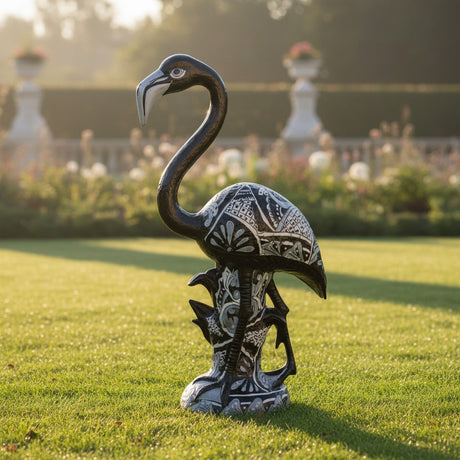 The Talavera Hub hand-painted ceramic flamingo statue with blue & white Talavera patterns. Ideal for shelves or gardens.