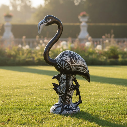The Talavera Hub hand-painted ceramic flamingo statue with blue & white Talavera patterns. Ideal for shelves or gardens.