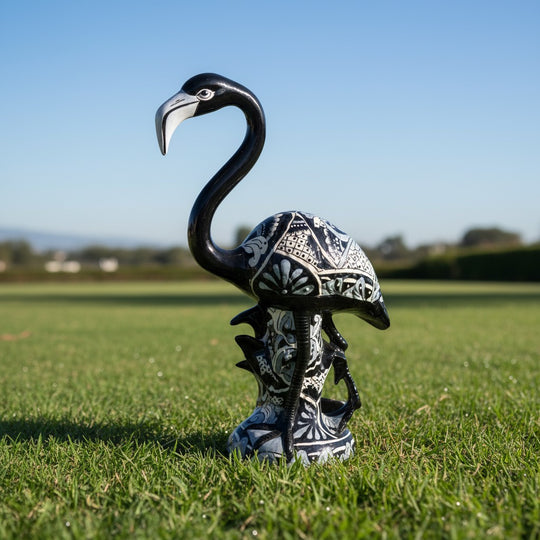 The Talavera Hub hand-painted ceramic flamingo statue in blue and white Talavera patterns. Features a black body with intricate detailing.