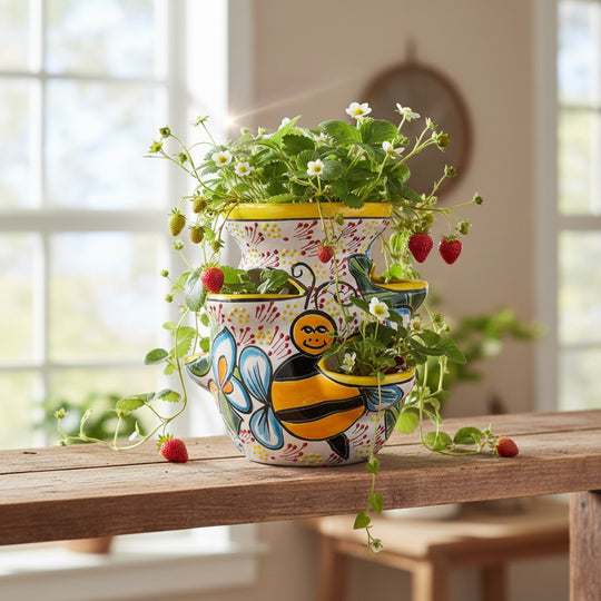 The Talavera Hub handcrafted ceramic strawberry pot featuring a cheerful bumble bee design with yellow rims and floral accents.