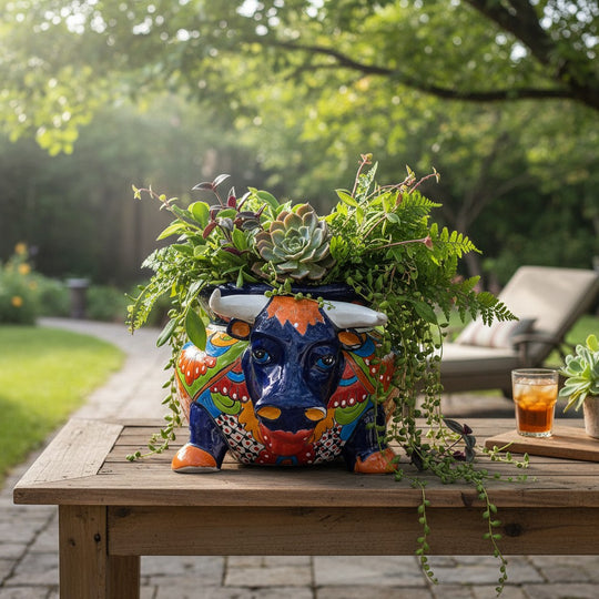 The Talavera Hub cobalt blue ceramic bull planter with vibrant orange, green, yellow, and red floral patterns. Hand-painted Mexican pottery.