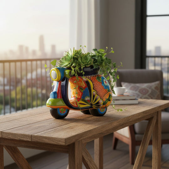 The Talavera Hub large hand-painted ceramic scooter planter with colorful floral and geometric Talavera designs.