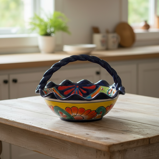The Talavera Hub colorful hand-painted ceramic fruit basket with a braided blue handle and floral designs.
