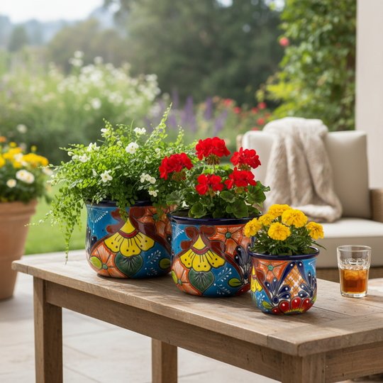 The Talavera Hub set of 3 colorful hand-painted ceramic flower pots with floral designs and blue rims.