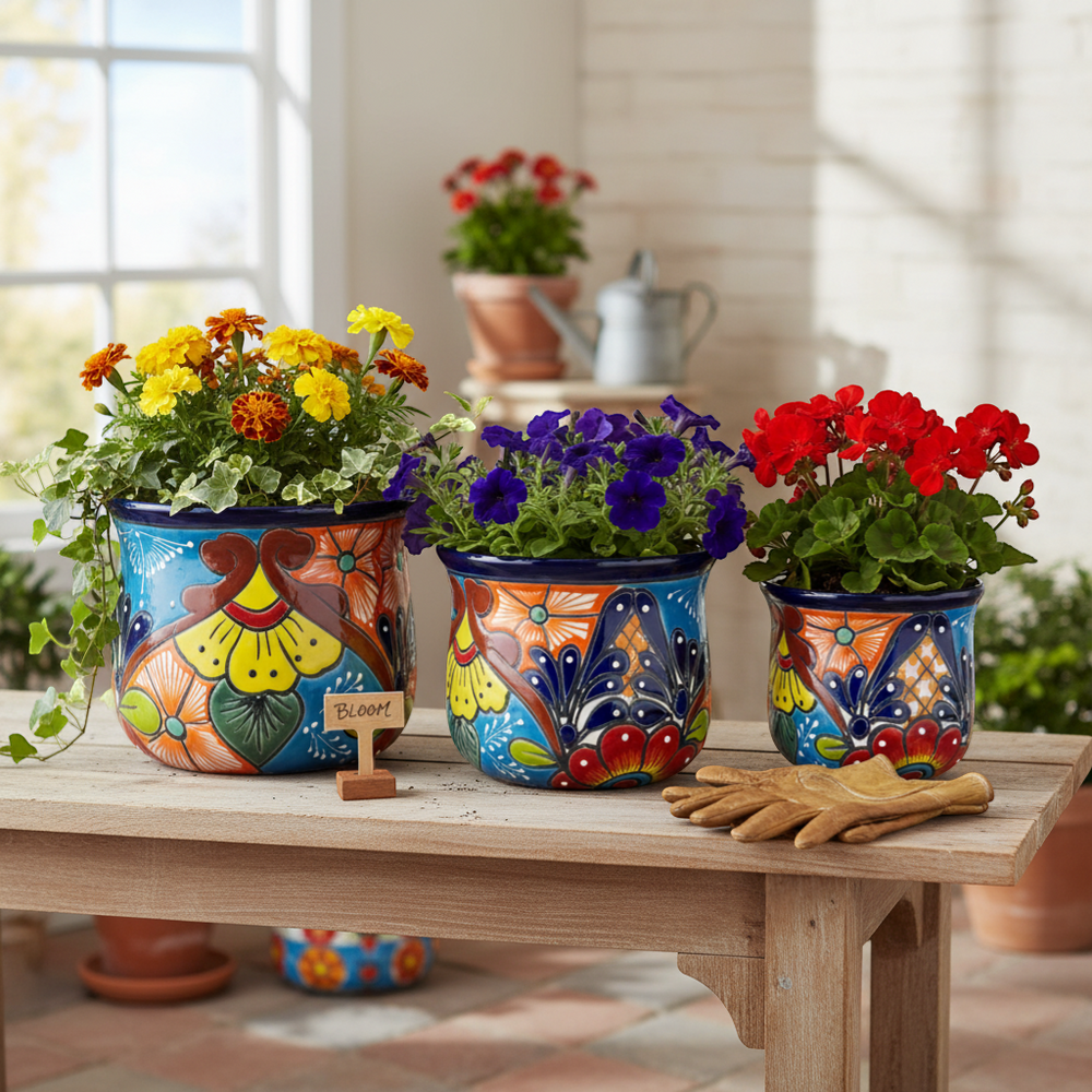 flower pot plant designs Hand-Painted Talavera Flower Pots Set