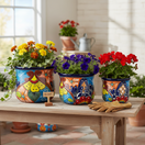 The Talavera Hub set of 3 ceramic flower pots, hand-painted with vibrant blue, orange, yellow, and red floral designs.