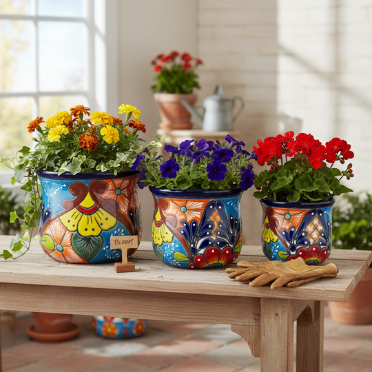 The Talavera Hub set of 3 ceramic flower pots, hand-painted with vibrant blue, orange, yellow, and red floral designs.