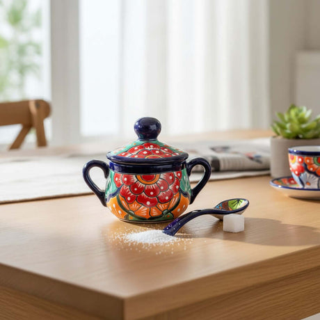 The Talavera Hub colorful ceramic sugar jar with spoon, hand-painted with red flowers, green, orange, and blue floral motifs.