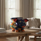 The Talavera Hub hand-painted ceramic pig planter with colorful floral patterns and red ears.