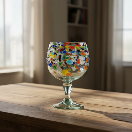 The Talavera Hub oversized fish bowl margarita glass with colorful confetti pebble design. Hand-blown recycled glass, 23 oz.