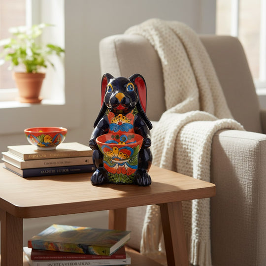 The Talavera Hub handcrafted dark blue ceramic bunny statue with red ears, holding a colorful orange feeder bowl with floral designs.