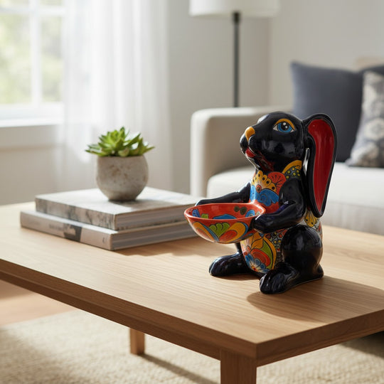 The Talavera Hub dark blue ceramic bunny statue with red ears, holding a colorful Talavera bowl. Handcrafted Mexican folk art.