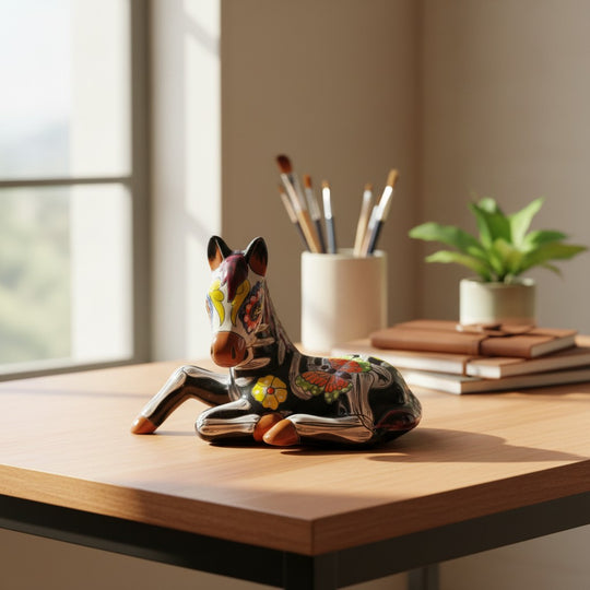 The Talavera Hub hand-painted ceramic horse planter with Day of the Dead motifs, featuring floral designs and skeletal accents in vibrant colors on a black base.