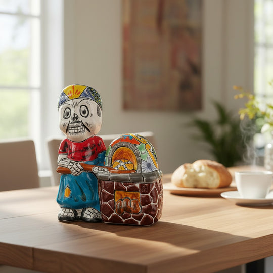 The Talavera Hub 8" Day of the Dead skeleton chef figurine in colorful Talavera pottery, holding a pizza peel next to a decorated oven.