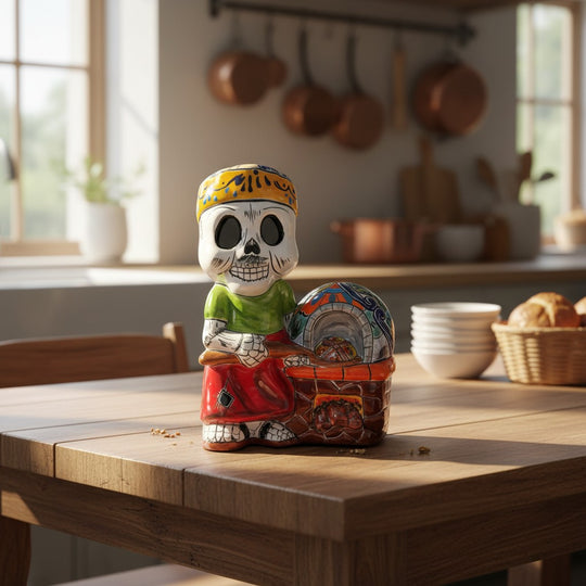 The Talavera Hub 8" Day of the Dead skeleton chef figurine in colorful Talavera pottery, holding a Mexican oven.