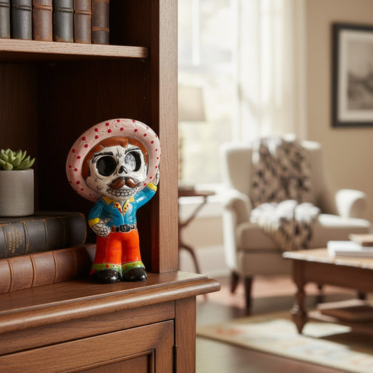 The Talavera Hub hand-painted skeleton man figurine with sombrero, blue shirt, orange pants, and mustache. Day of the Dead decor.