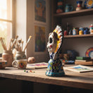 The Talavera Hub Day of the Dead skeleton woman figurine in traditional dress with floral design and red bonnet.