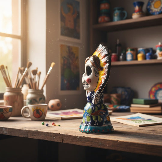 The Talavera Hub Day of the Dead skeleton woman figurine in traditional dress with floral design and red bonnet.