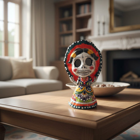 The Talavera Hub Day of the Dead skeleton woman figurine in traditional dress with floral designs and red bonnet.