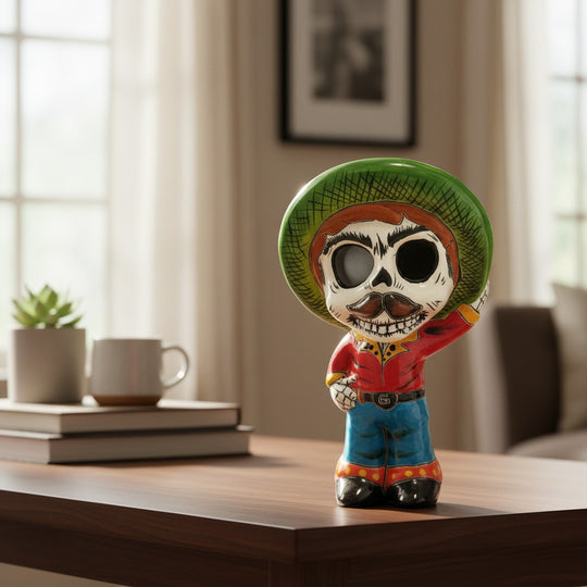 The Talavera Hub hand-painted ceramic skeleton man figurine with red sombrero, blue pants, green shirt, and mustache.