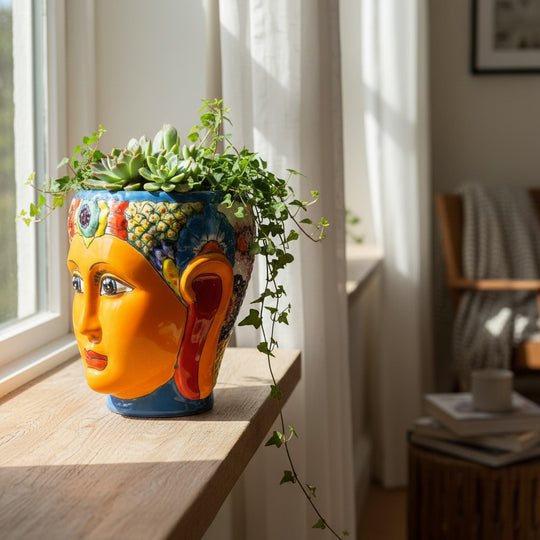The Talavera Hub hand-painted Talavera face planter, orange complexion, blue headdress, folk art style, ceramic.