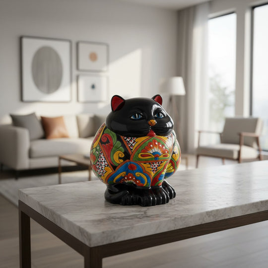 The Talavera Hub handmade black ceramic fat cat planter with vibrant floral patterns and blue eyes.