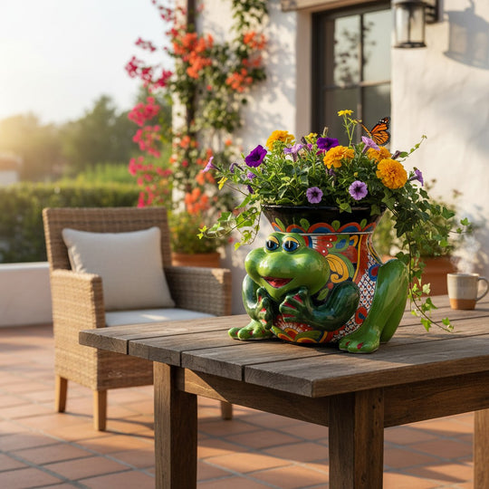 The Talavera Hub green frog planter, hand-painted ceramic with colorful floral patterns, ideal for gardens or home decor.
