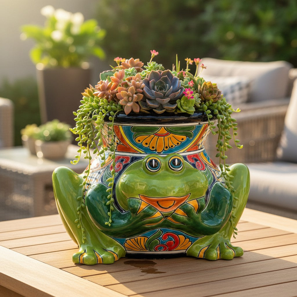Hand-Painted Talavera Frog Planter — Colorful Ceramic Pot