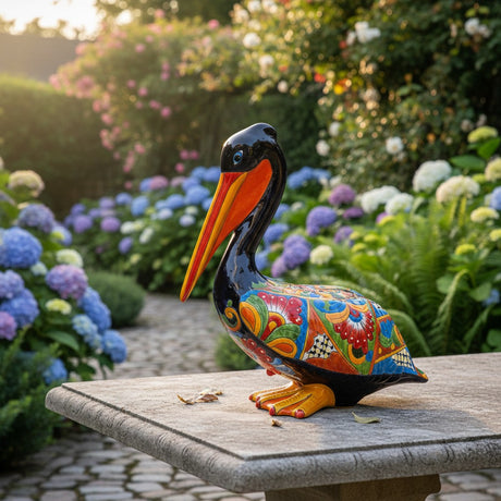 The Talavera Hub hand-painted ceramic pelican statue with vibrant floral designs in red, blue, green, and yellow.