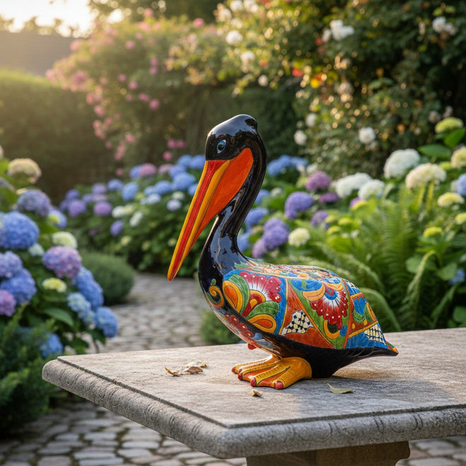 The Talavera Hub hand-painted ceramic pelican statue with vibrant floral designs in red, blue, green, and yellow.