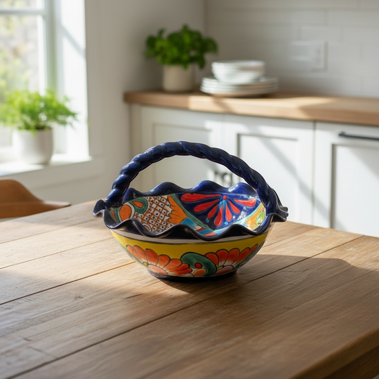 The Talavera Hub hand-painted ceramic fruit basket with blue handles, yellow rim, and vibrant floral patterns in red, orange, and blue.
