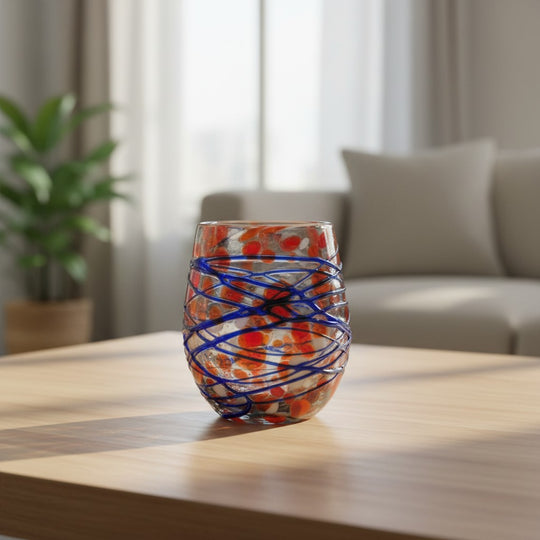 The Talavera Hub hand-blown stemless wine glasses with orange, blue, and white swirl pattern and blue web overlay.