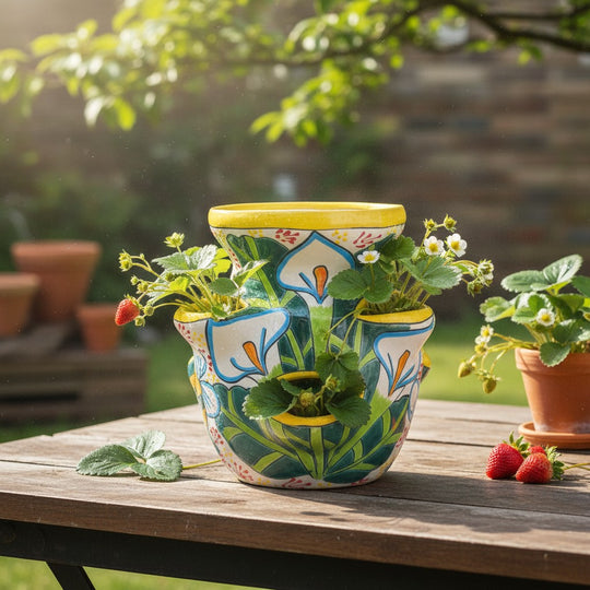 The Talavera Hub handcrafted ceramic strawberry pot with yellow rim, featuring white calla lilies and green foliage, and bumble bee motifs.