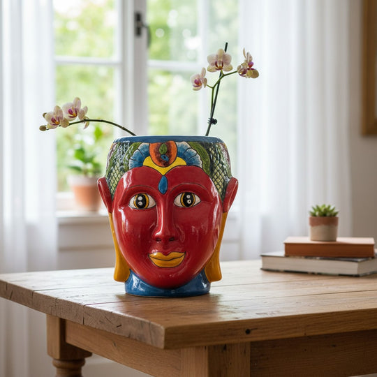 The Talavera Hub hand-painted ceramic face planter in red, blue, yellow, and green. Features a woman's face with intricate headdress.