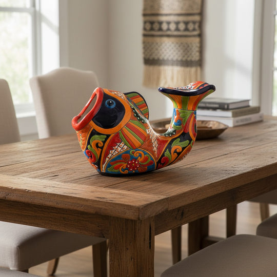 The Talavera Hub hand-painted ceramic fish planter in vibrant orange, green, yellow, red, and blue with floral motifs.