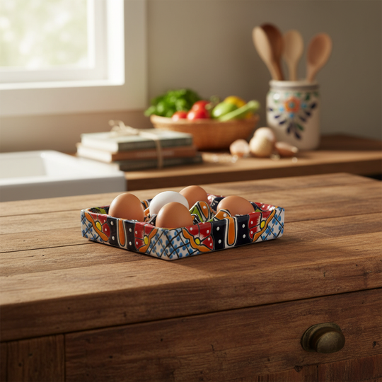 The Talavera Hub hand-painted ceramic egg holder with floral and butterfly motifs in red, yellow, blue, and green.