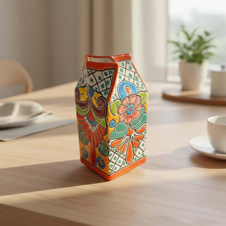 The Talavera Hub hand-painted ceramic milk carton with colorful floral and scroll designs. Decorative Mexican pottery.