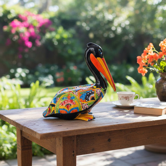 The Talavera Hub hand-painted ceramic pelican statue with vibrant floral designs in red, blue, green, and yellow.