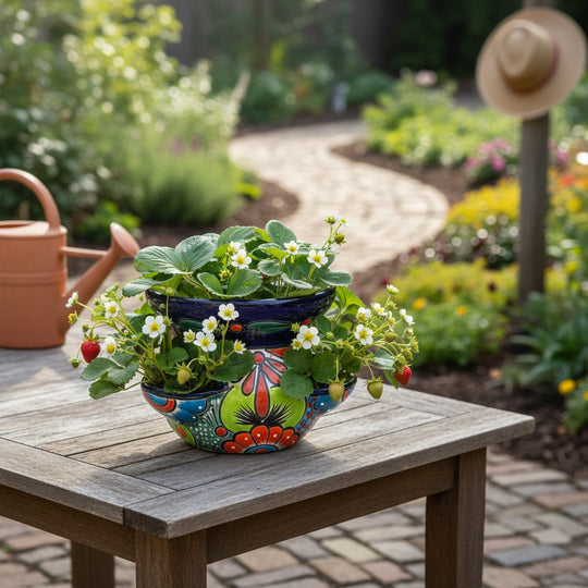 The Talavera Hub hand-painted ceramic strawberry planter with floral patterns in blue, green, red, and orange.