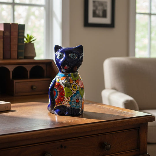 The Talavera Hub hand-painted ceramic cat statue with blue glaze and colorful floral patterns.
