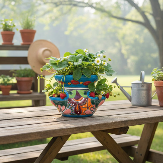 The Talavera Hub hand-painted ceramic strawberry planter with side pockets, featuring vibrant floral patterns in blue, green, orange, and pink.