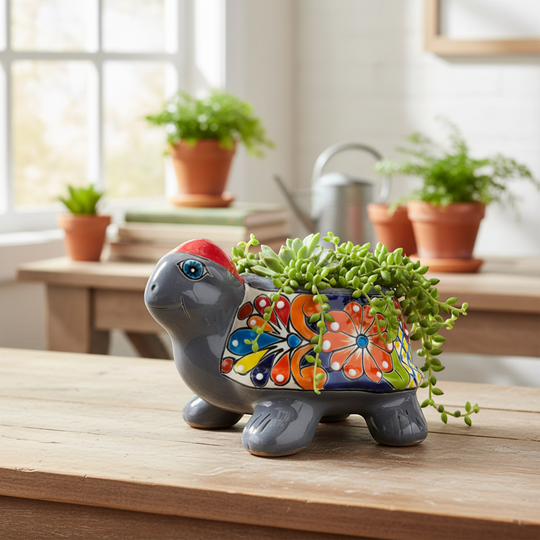 The Talavera Hub hand-painted grey ceramic turtle planter with colorful floral designs and a red shell.